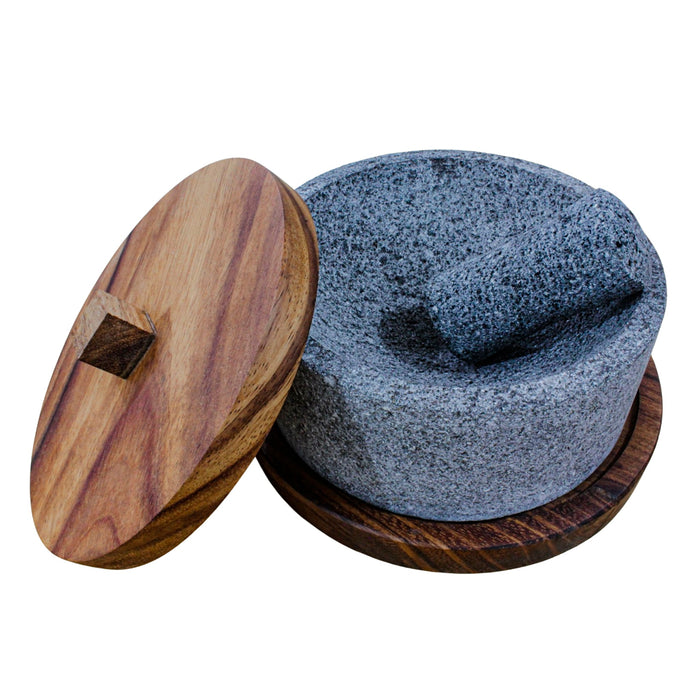 Molcajete Chilmamolli de 20cm/8in con base y tapa de madera parota