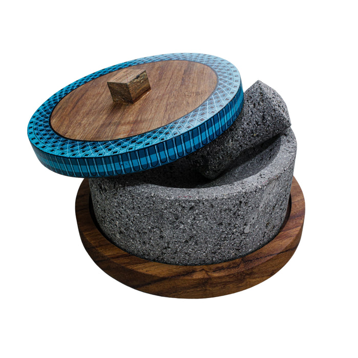 Pre-Order Item: Chilmamolli 20 cm Molcajete con base de madera y tapa de alebrije azul