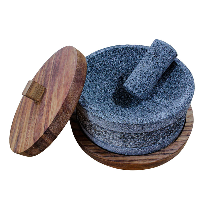 Molcajete Yolia de 20cm/8in con base de madera y tapa de madera parota