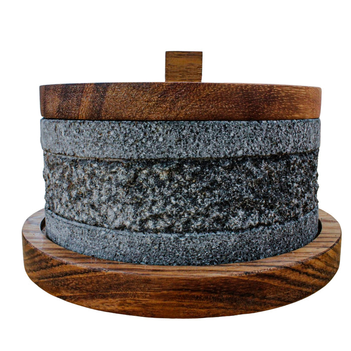 Molcajete Yolia de 20cm/8in con base de madera y tapa de madera parota