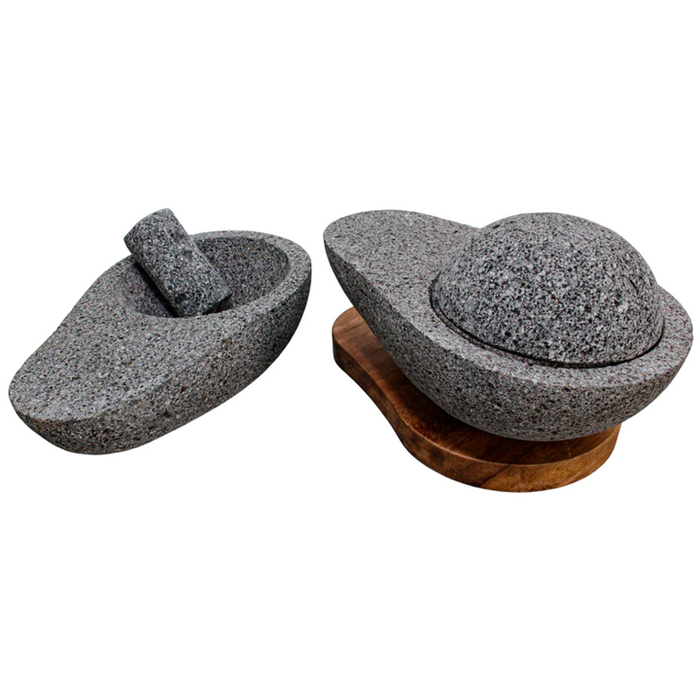 Combo Esencial de Cocina Mexicana: Molcajete Aguacate 4 en 1 con Base de Madera y Tortillero Tlaxcalli de Piedra Volcánica con Tapa de Madera Parota