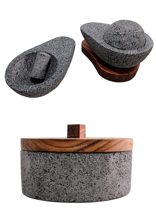 Combo Esencial de Cocina Mexicana: Molcajete Aguacate 4 en 1 con Base de Madera y Tortillero Tlaxcalli de Piedra Volcánica con Tapa de Madera Parota