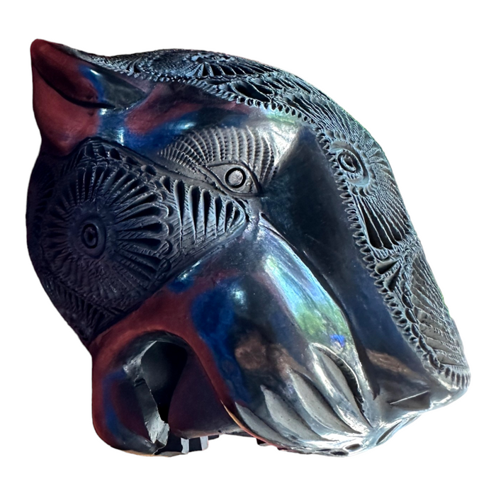 Hecho al Ordenar Mascara Cabeza de Jaguar de Barro Negro 13 x 13 cm, hecha a mano