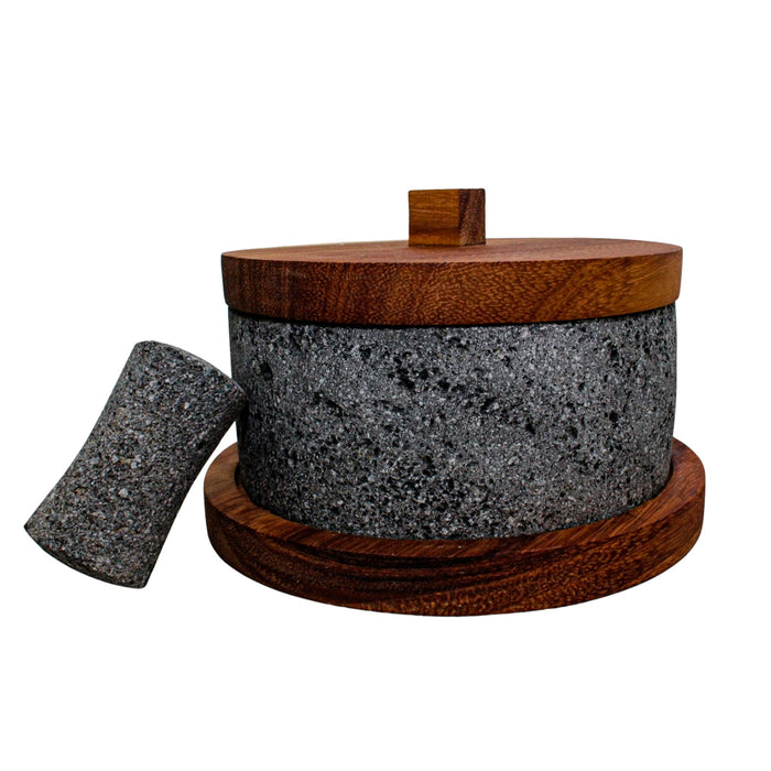 Molcajete Chilmamolli de 20cm/8in con base y tapa de madera parota