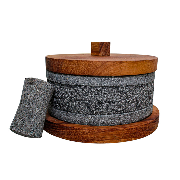 Molcajete Yolia de 20cm/8in con base de madera y tapa de madera parota