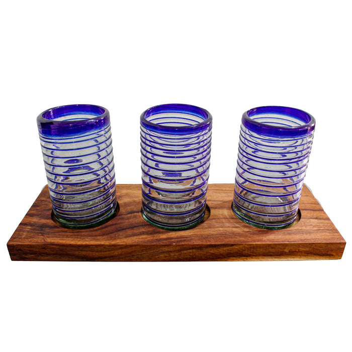Set de 3 vasos de 16oz (473ml) de vidrio soplado espiral con base de madera parota