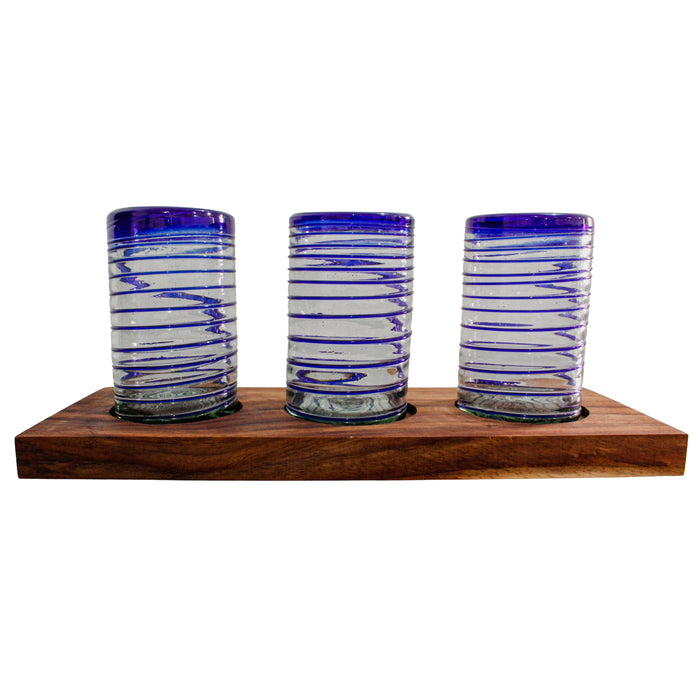 Set de 3 vasos de 16oz (473ml) de vidrio soplado espiral con base de madera parota
