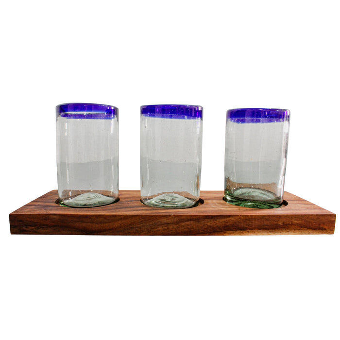 Set de 3 vasos de 16oz/473ml de vidrio soplado Poste Azul con base de madera parota