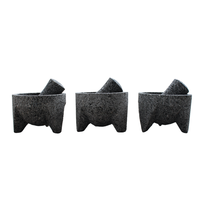 Trío de salseros mini con tejolote hecho de Piedra Volcánica