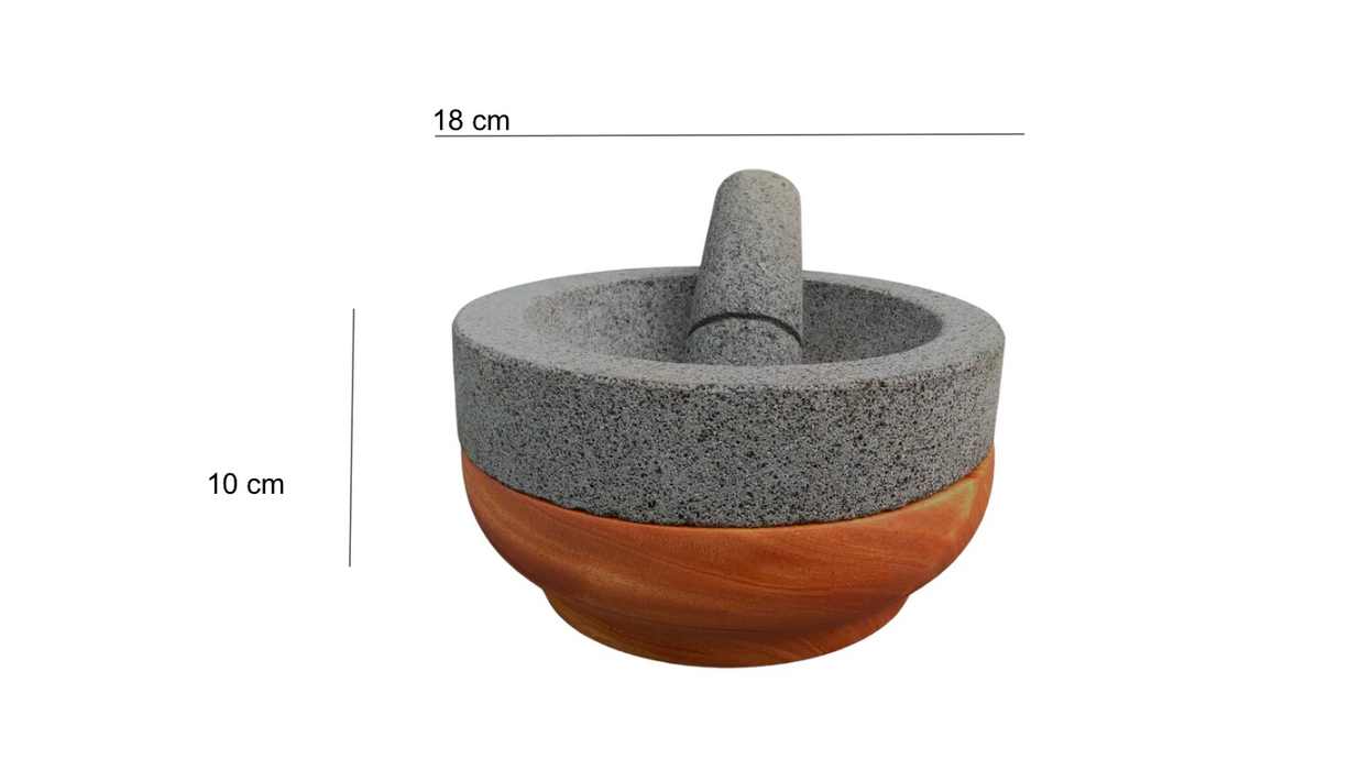 Molcajete Huepantli de 18.5cm/7.2in de diámetro, Mortero Mexicano Con Base de Madera de Cedro molcajete