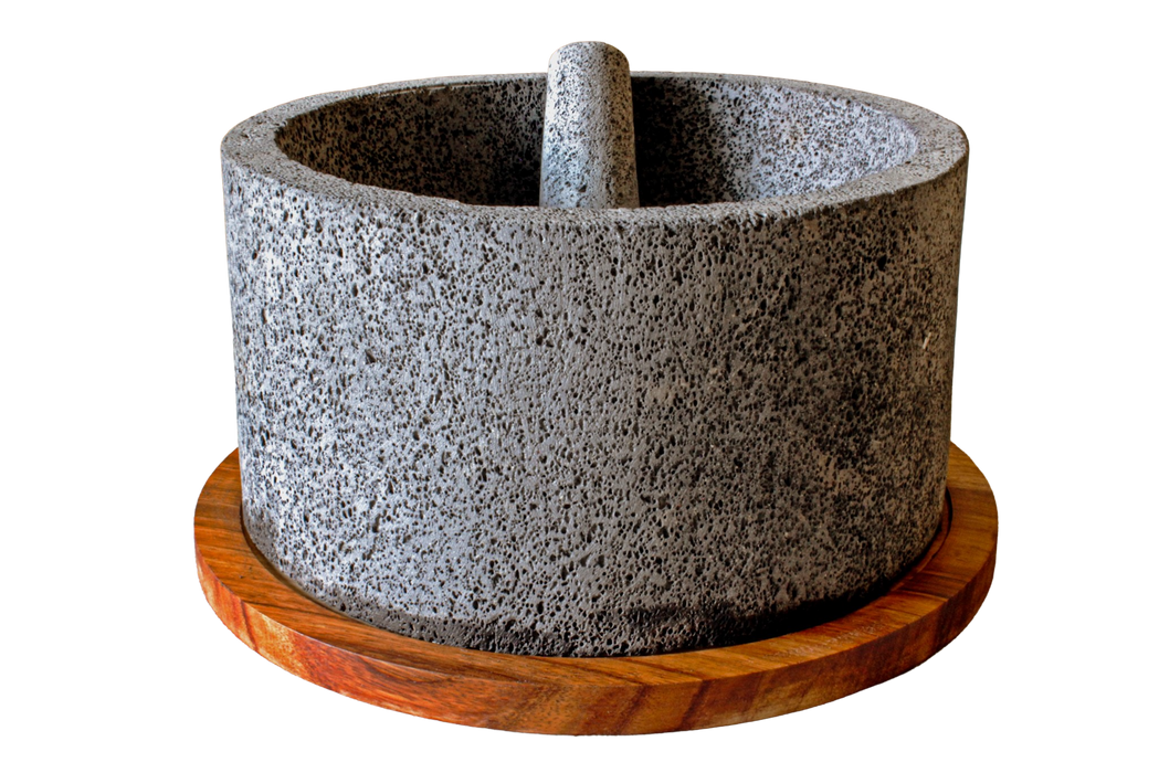 Molcajete Chilmamolli Gigante 15 pulgadas (38cm) de diámetro, 8L (270.5oz) ideal Piedra Volcánica con Madera Parota