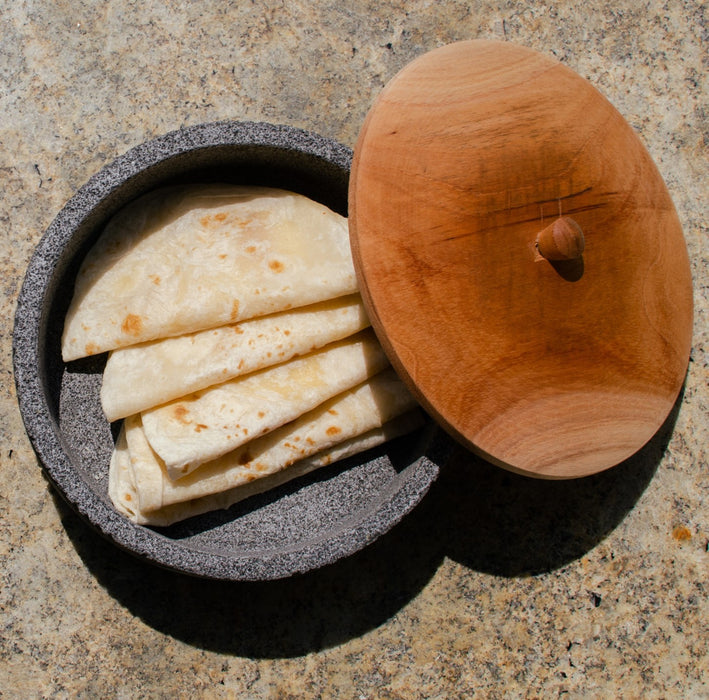 Tortillero Ketsali - con piedra volcánica y tapa de madera el toque elegante perfecto, 21 cm de diámetro por 8 de Alto