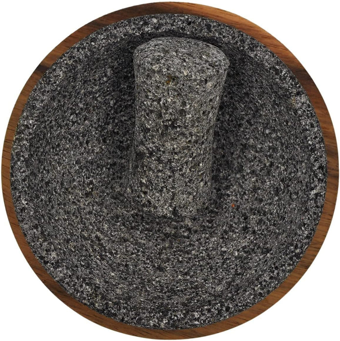 Chilmamolli Molcajete de Piedra Volcánica de 15cm (6in) de diámetro Con Base de Madera Parota y Mortero