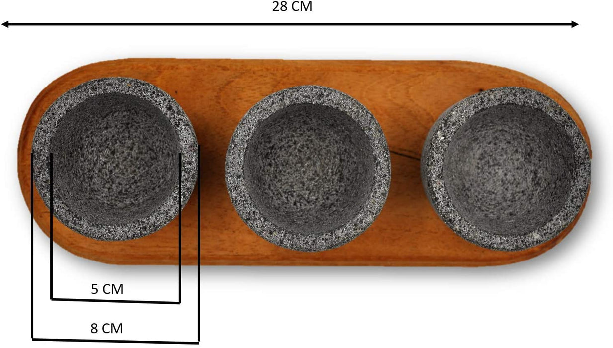 Especiero Tlatekpana de 8cm/3in de diámetro Juego De 3 Salseros/especieros De Piedra Volcánica Artesanal Con Base de Madera